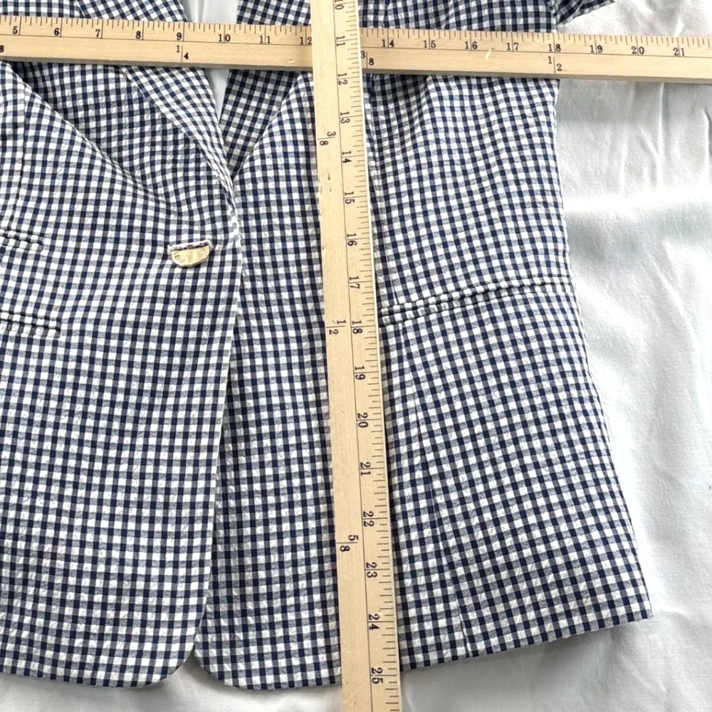 Anne Klein Navy White Gingham Checkered Tie Cuff Blazer Jacket Womens Medium - Picture 4 of 6